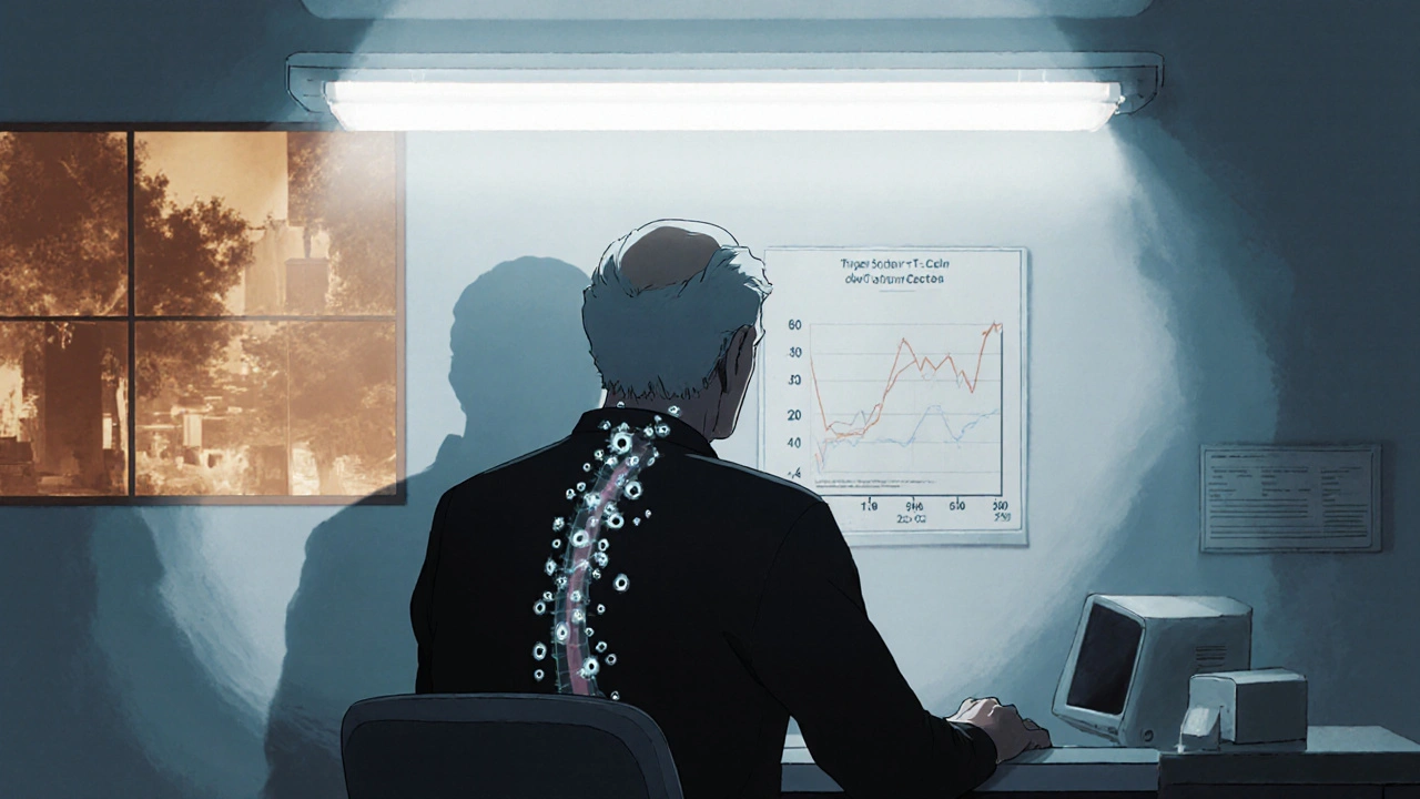 An elderly man with transparent body showing fading T-cells and a viral shadow, symbolizing immune suppression.