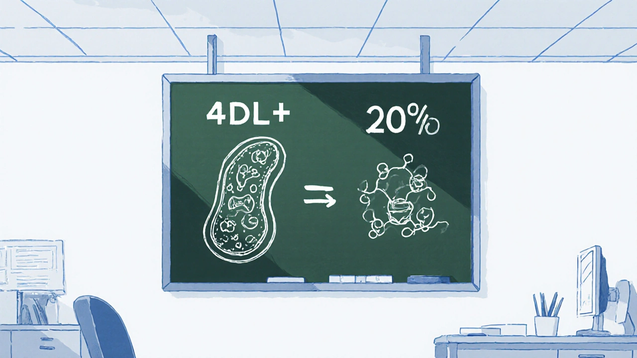 Chalkboard diagram showing how statin and ezetimibe multiply LDL reduction.