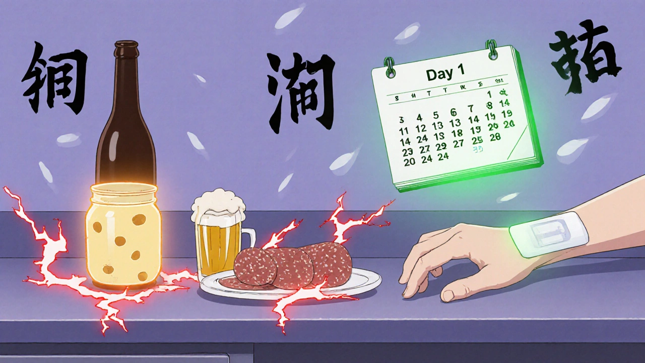 Dangerous foods with red warnings beside a selegiline patch and 14-day washout calendar.