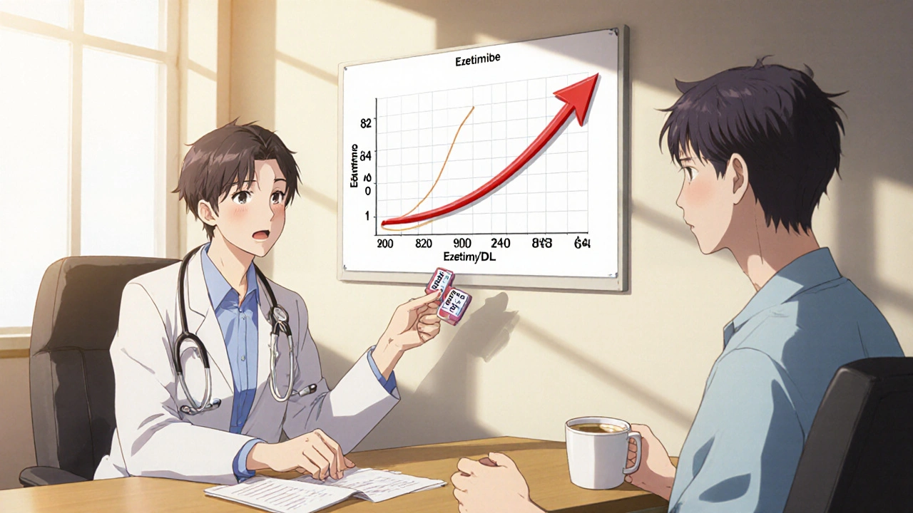 Doctor and patient reviewing LDL drop chart with combination therapy pills on table.