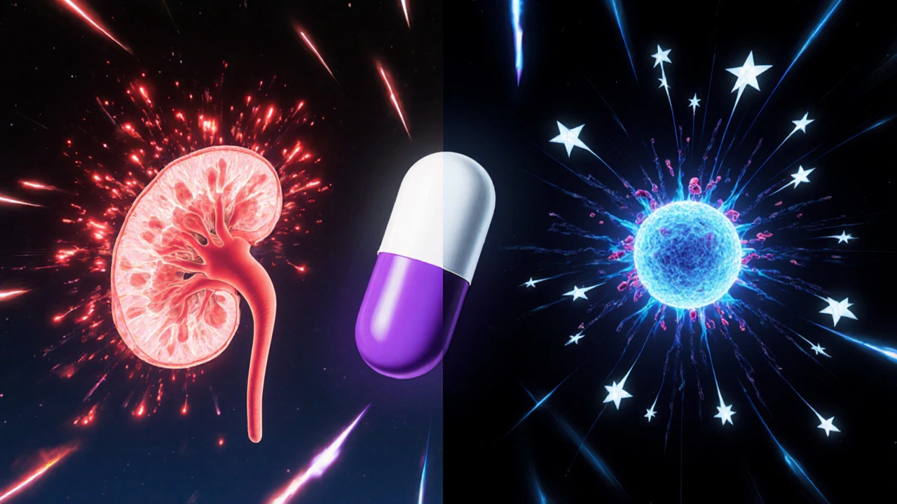 Dual-image of a kidney calming and a cancer cell exposed to immune cells, divided by a valproic acid pill.