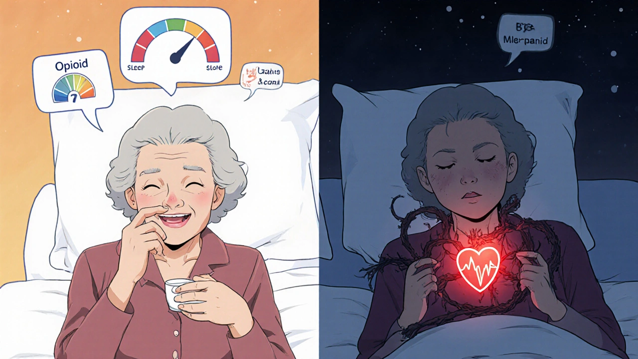 Elderly woman taking pills, then asleep with dark vines constricting her throat as breath fades.