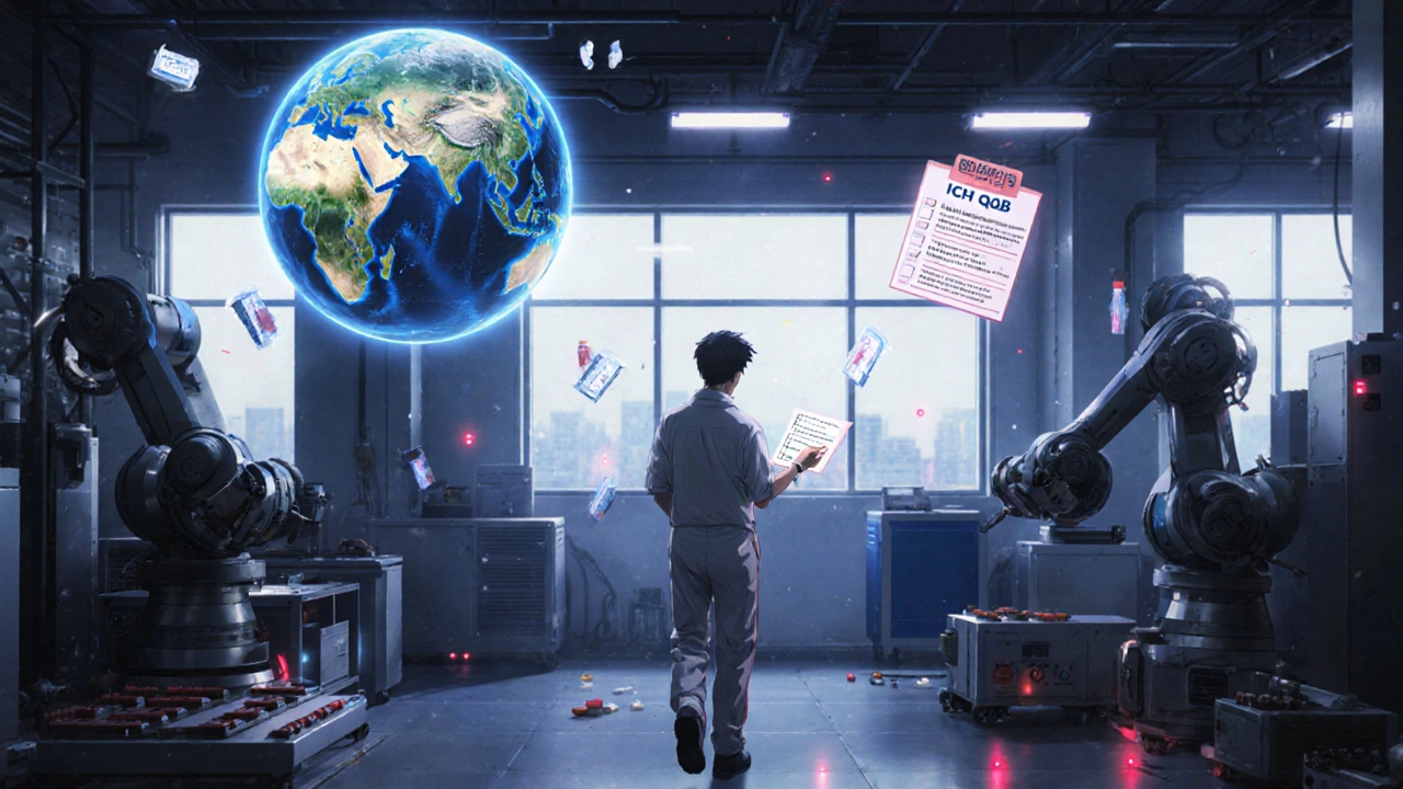 FDA inspector inspecting a clean overseas drug factory with holographic purity standards floating nearby.