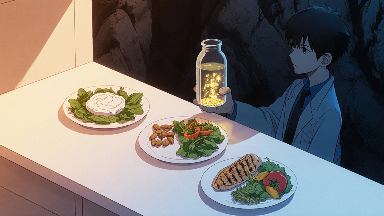 Healthy meals paired with calcium-rich foods to prevent kidney stones, glowing citrate particles in urine.