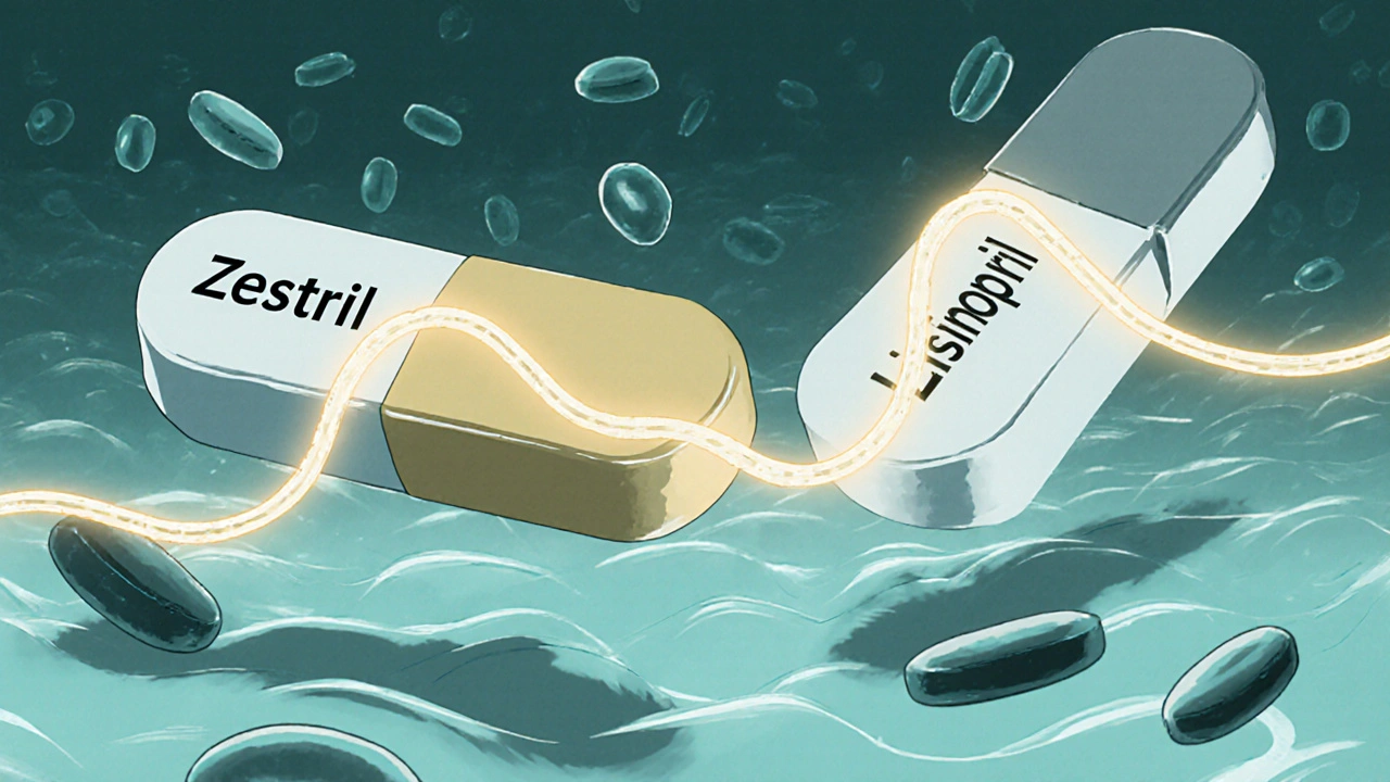 Microscopic view of two drugs dissolving in blood with matching absorption curves within a glowing range.