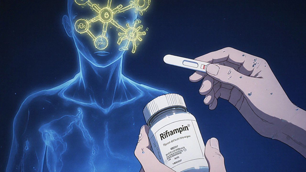 Patient holding rifampin and a pregnancy test, with bacterial resistance imagery in the background.