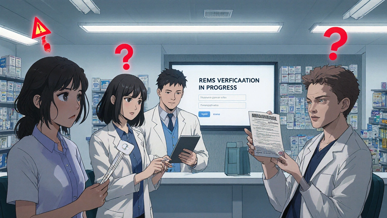 Patients and pharmacist in a specialty pharmacy, with warning symbols above their heads.