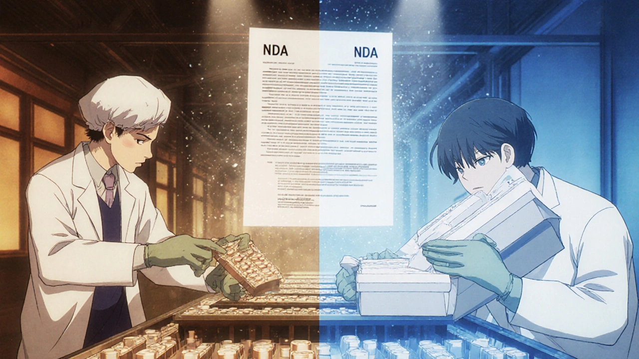 Pharmaceutical factory producing pills under brand approval, with identical pills being repackaged.