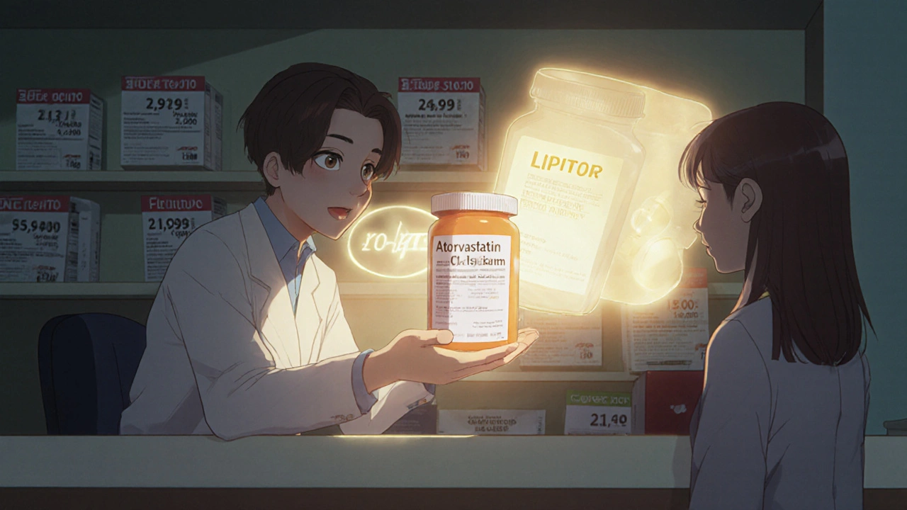 Pharmacist handing a patient a bottle labeled with generic name, while brand name faintly glows behind it.