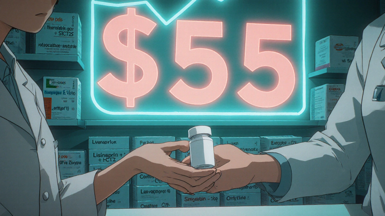 Pharmacist hands a combo pill bottle to a patient, with a price drop graph in the background.