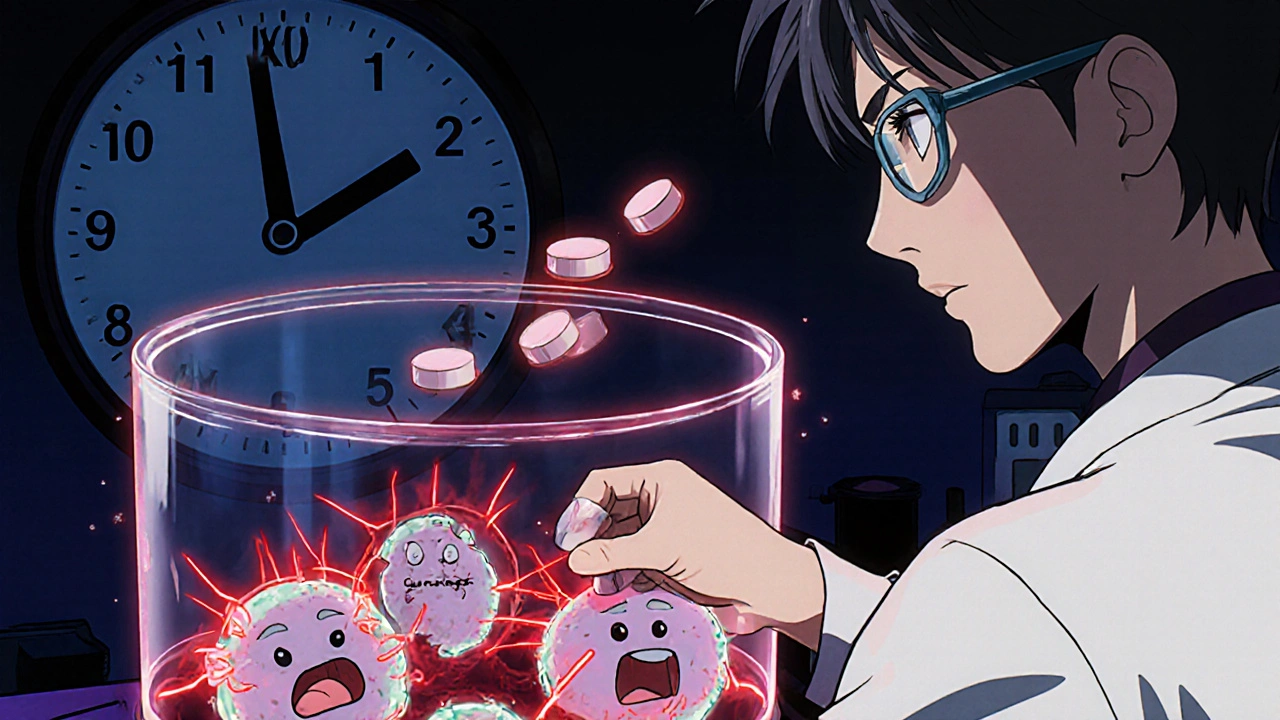 Scientist adding drugs to TB bacteria in a lab, showing efflux pumps shutting down.