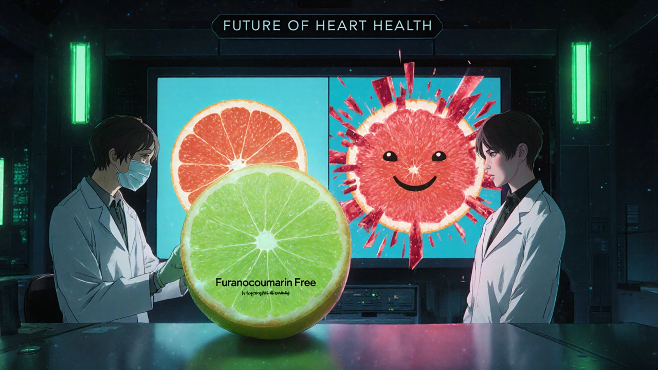 Scientists in a lab examining a modified green-glowing grapefruit labeled &#039;Furanocoumarin-Free&#039;.