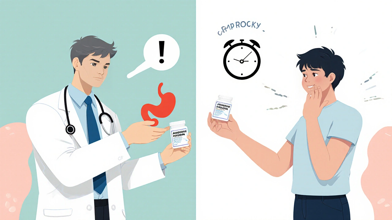 Split scene comparing amoxicillin-clavulanate and azithromycin treatments with side effect and duration symbols.