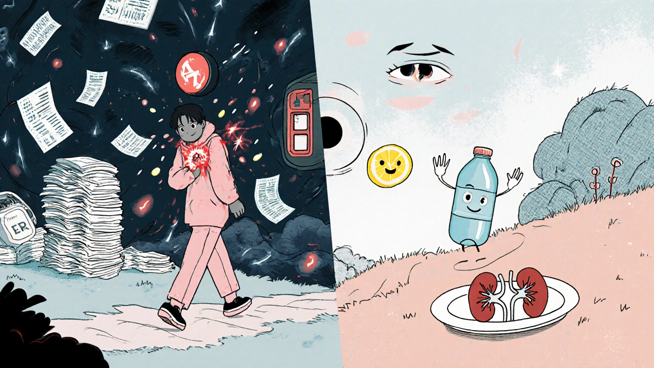 Split scene showing pain and medical costs vs. healthy lifestyle leading to kidney wellness.