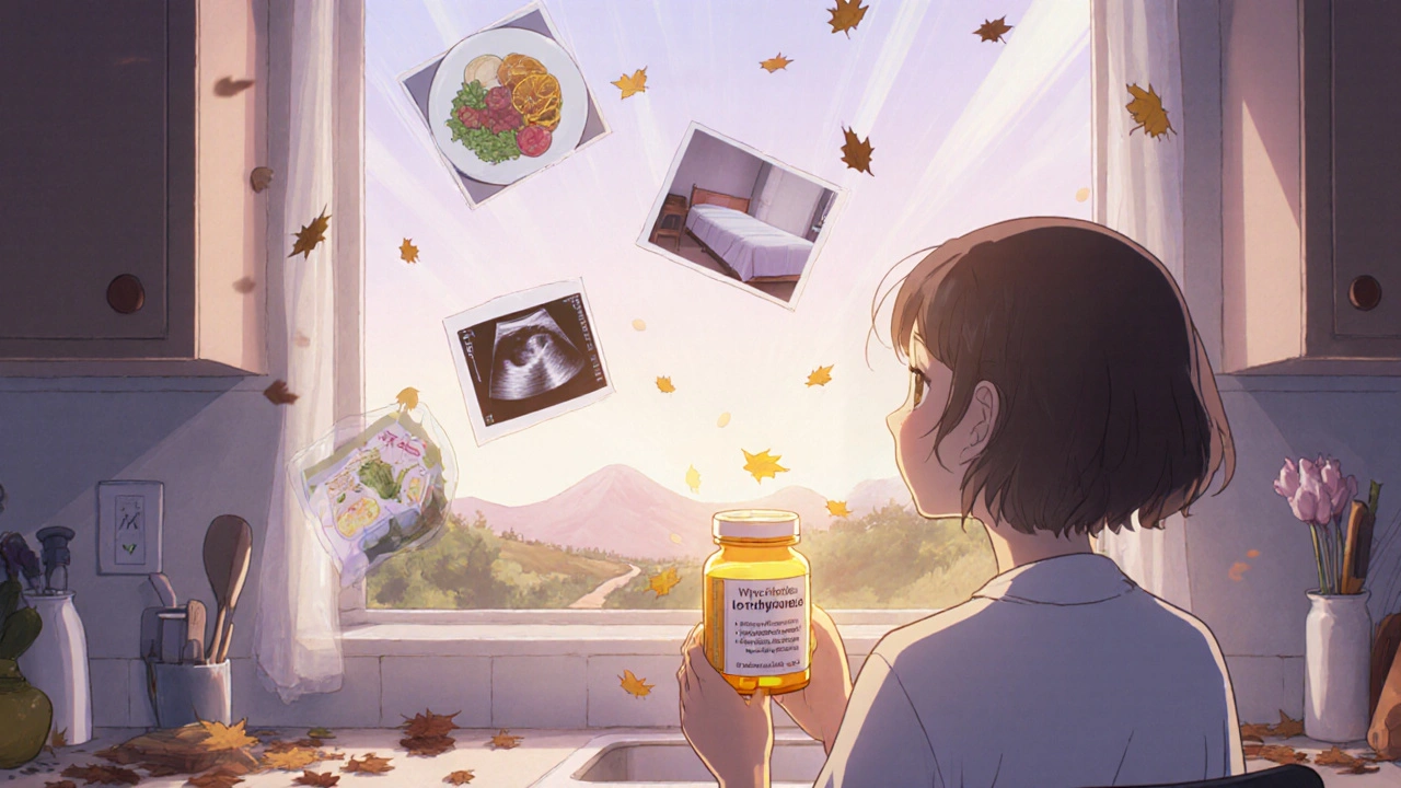 Thyroid cancer survivor taking daily medication at dawn with memories floating around