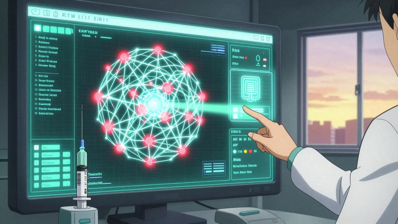A hospital EHR screen with a barcode scanner verifying a syringe, while an AI calculates patient reaction risk.