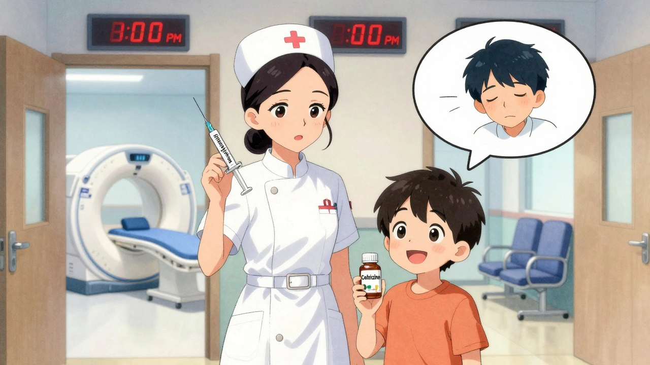 A nurse holding two different antihistamines beside a patient, with a clock showing 8 PM for steroid timing.