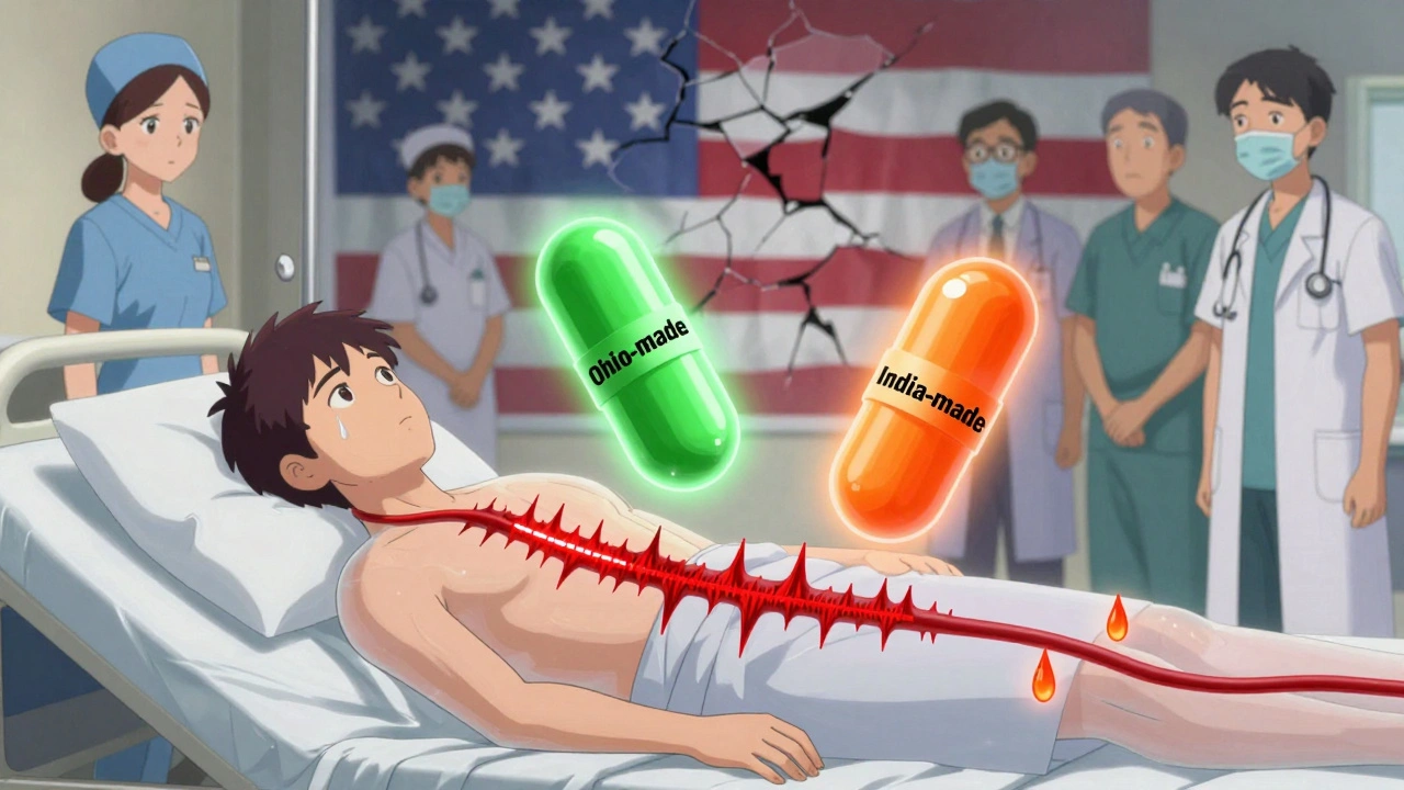 A patient in bed with two pills floating beside them, one stable, one flickering, medical staff in distress.