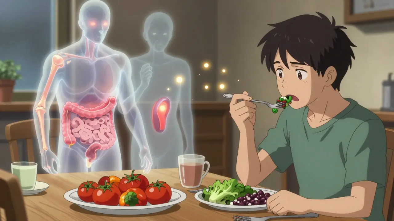 A person facing a choice between inflammatory foods and healing foods, with symbolic visuals of body reactions.