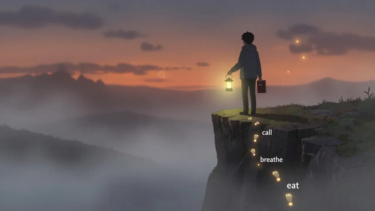 A person walks up a foggy path guided by glowing steps, holding a lantern and journal as dawn breaks.