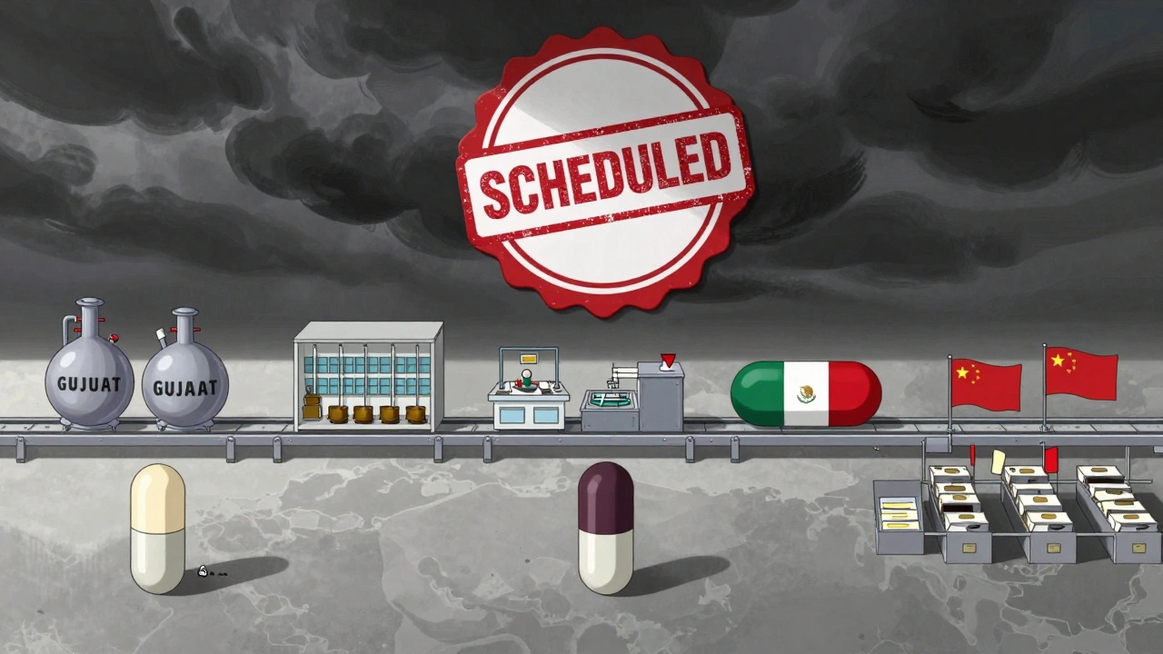 A pill traveling through global manufacturing stages, with a scheduled inspection badge looming overhead.