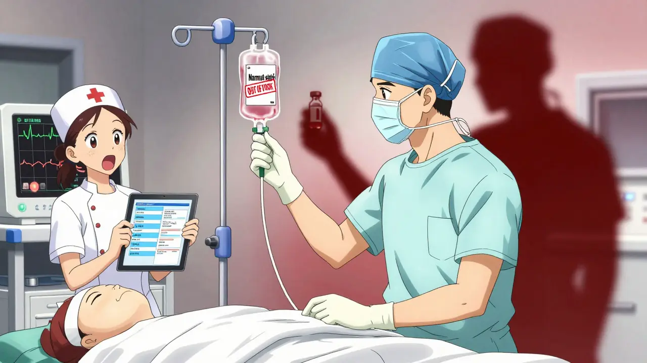 A surgeon halts an operation as an IV bag is marked 'OUT OF STOCK,' with a nurse searching for alternatives.