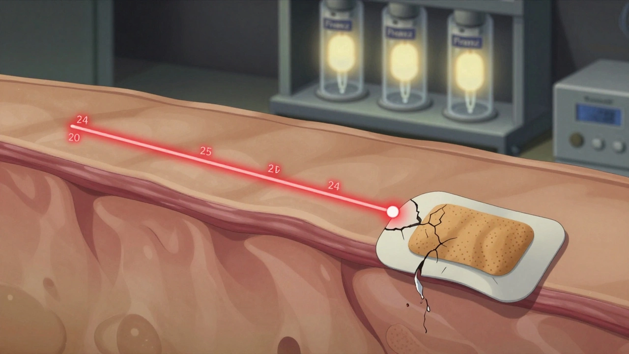 A transdermal patch releasing medicine through skin, with one failing as it peels off while another adheres perfectly.