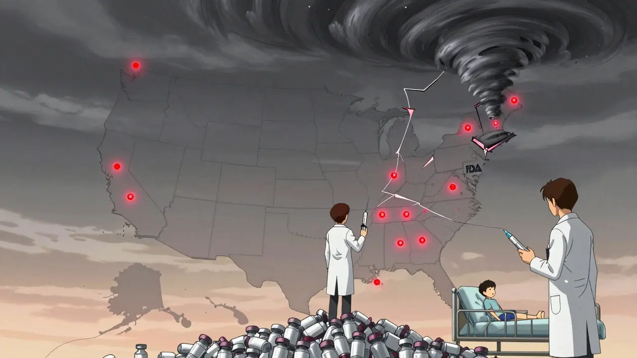 A U.S. map shows broken supply chains from China and India to hospitals, with a pharmacist holding a syringe to a child in ICU.