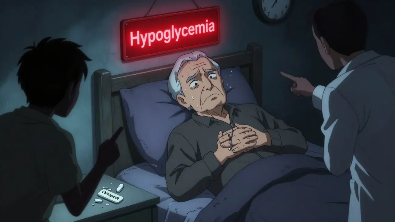 An elderly man experiencing hypoglycemia with warning signs and shattered sulfonylurea pills on a nightstand.