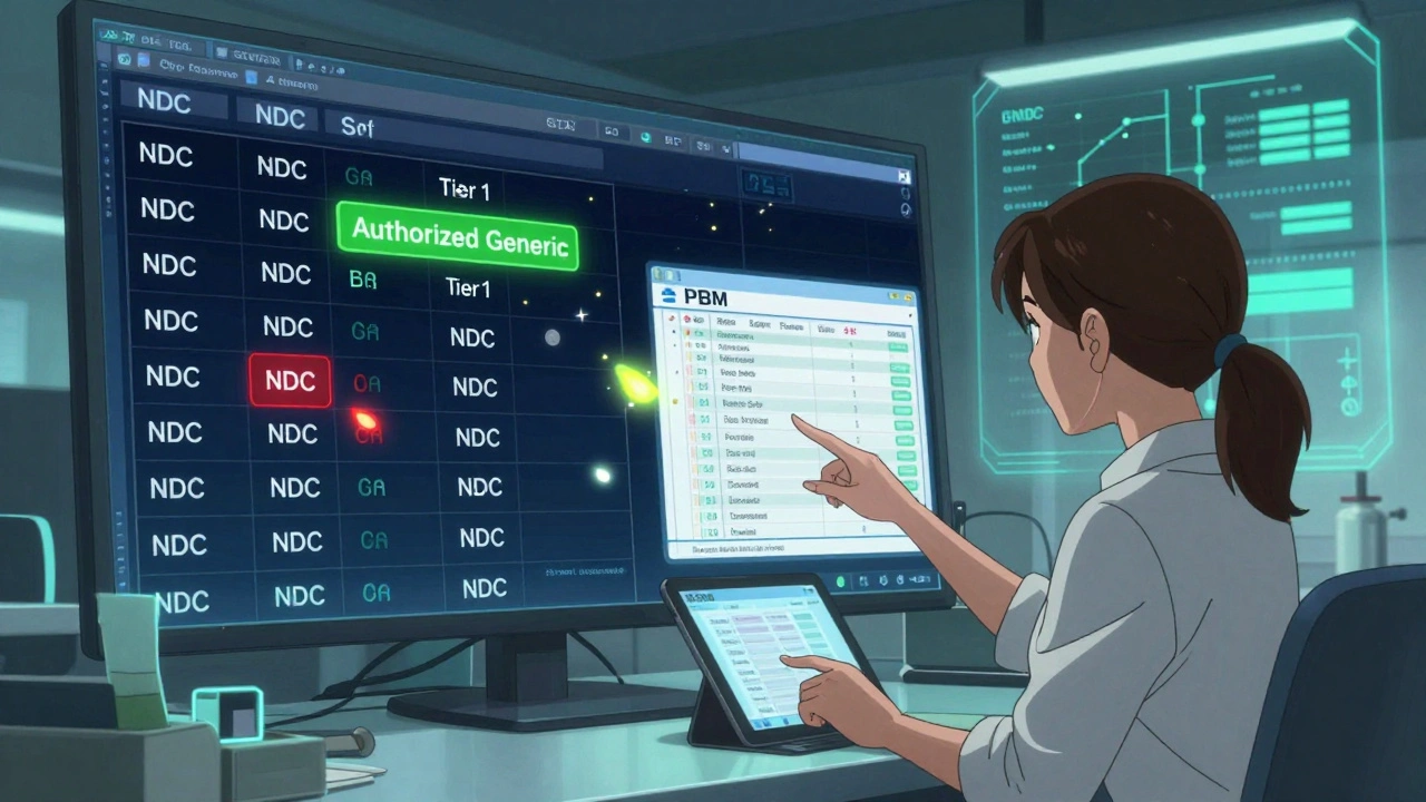 Digital pharmacy system shows authorized generic code glowing green as it&#039;s correctly classified to Tier 1.