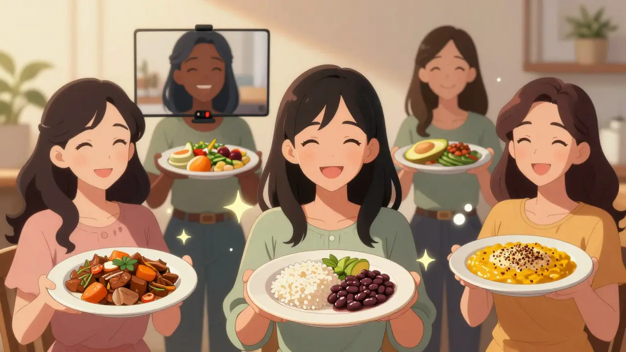 Diverse group of pregnant women sharing culturally adapted meals in a virtual support group.