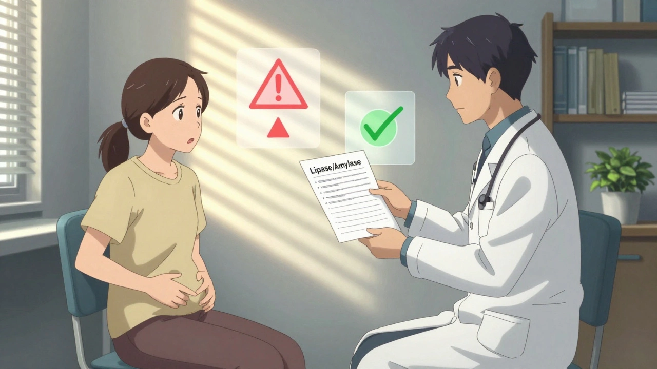 Doctor and patient discussing blood test results in a sunlit clinic room.