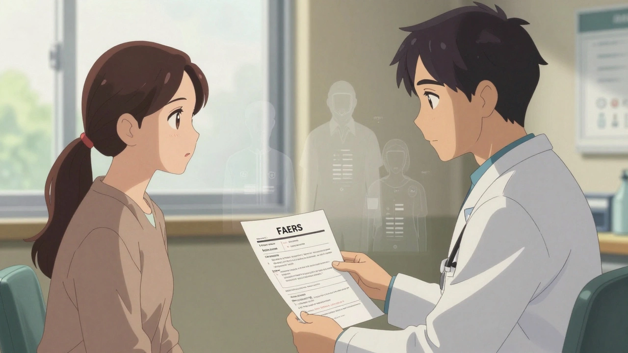 Doctor and patient discussing FAERS side effect reports in a clinic setting