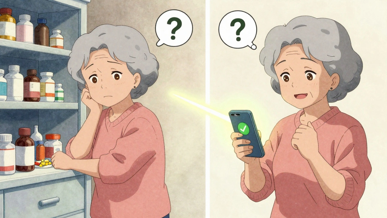 Elderly woman transitioning from confusion beside medicine cabinet to relief with a safe drug check on her phone.