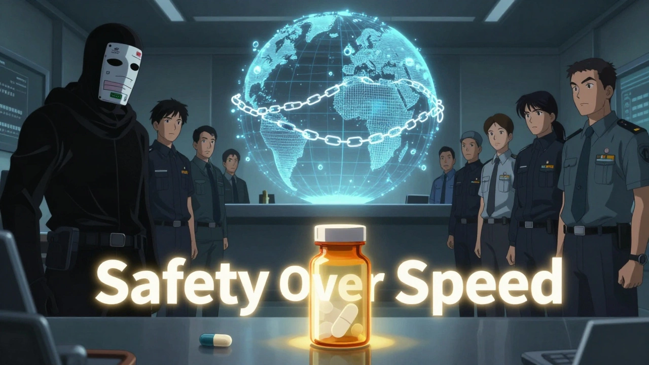 FDA agents confronting counterfeit drugs with a blockchain hologram over a glowing pill.