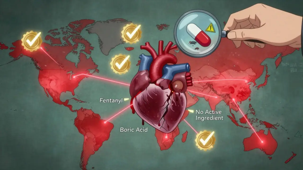Global map with red hotspots feeding into a cracked heart leaking dangerous substances.
