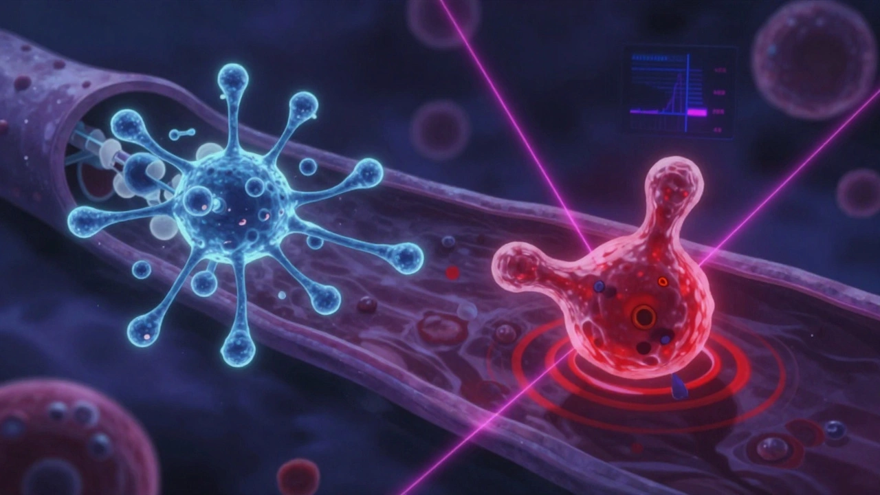 Liposomal nanoparticles in a blood vessel, one perfectly sized and another slightly larger, causing a warning ripple.
