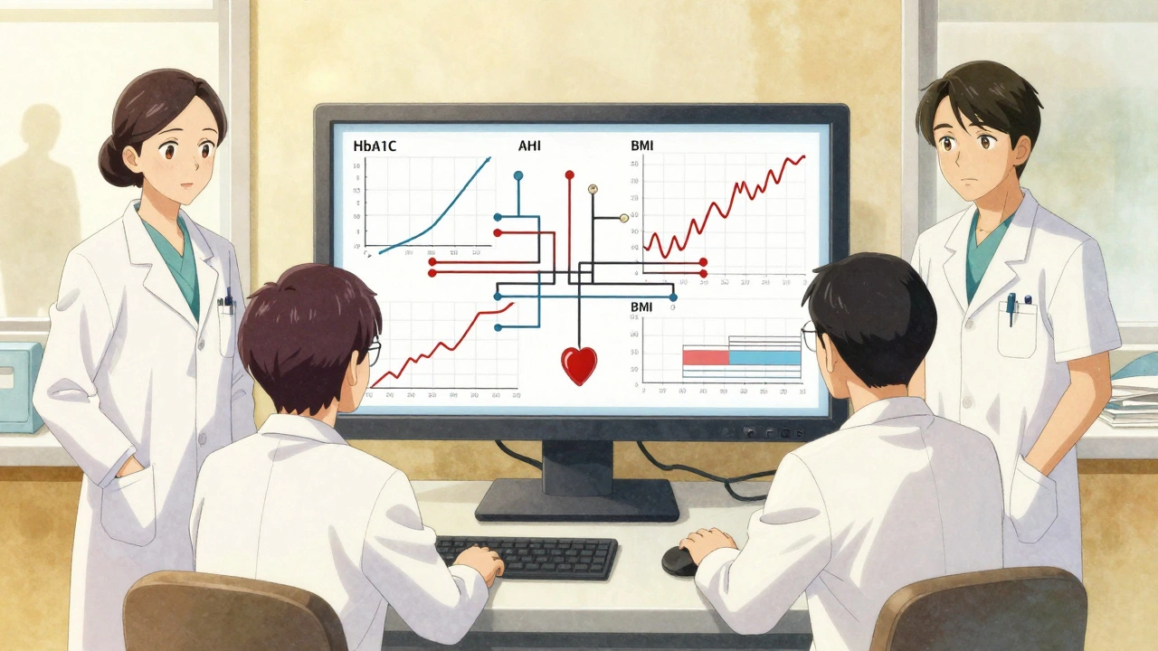 Medical team monitoring interconnected health data on a shared screen in a clinic setting.