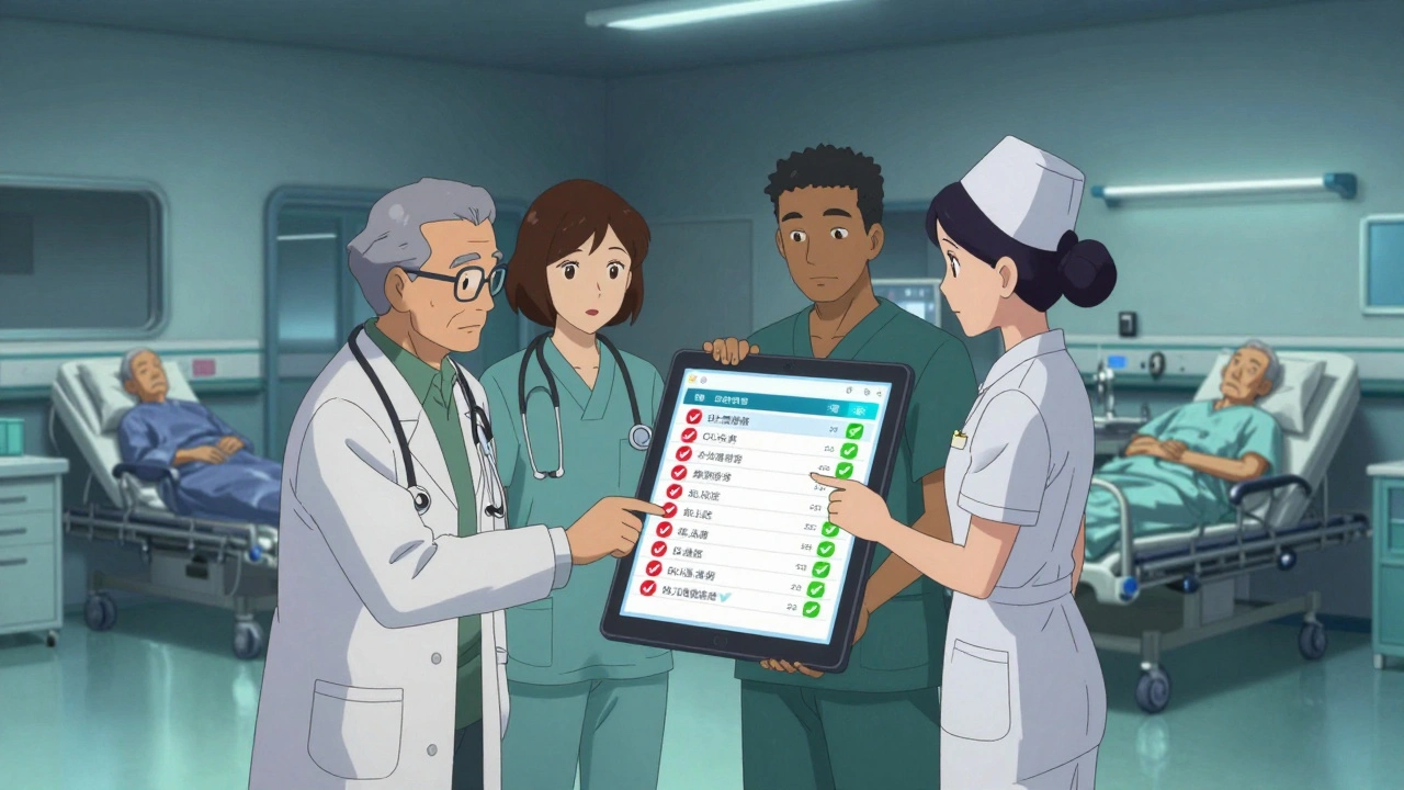 Medical team reviewing medication list on tablet, replacing dangerous drugs with non-pharmacological options.