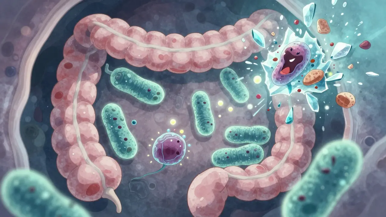 Microscopic view of gut bacteria calming immune cells, showing microbiome medicine in action.