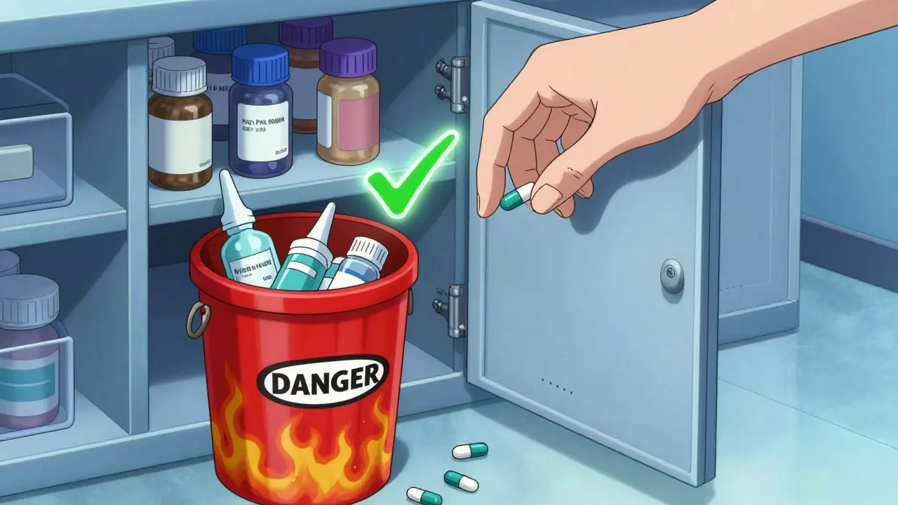 Neatly stored pills in a cool cabinet contrasted with a red trash bin of discarded dangerous meds.
