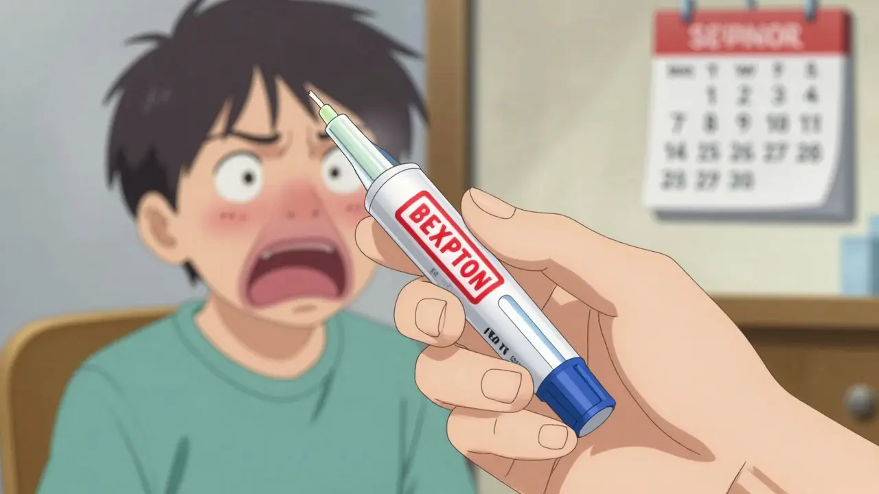 Parent holding an expired EpiPen as a child suffers an allergic reaction, no medication released.