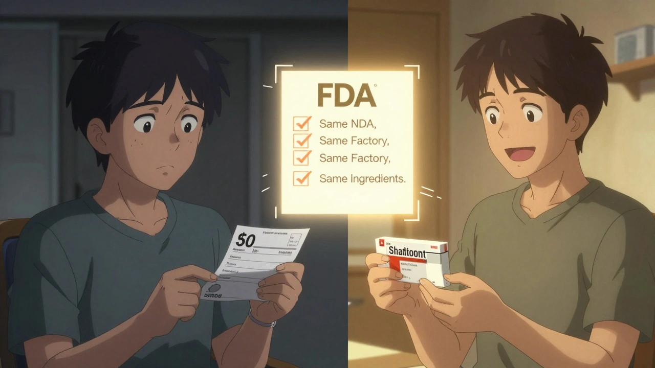 Patient compares two receipts:  for brand drug vs.  for identical authorized generic.
