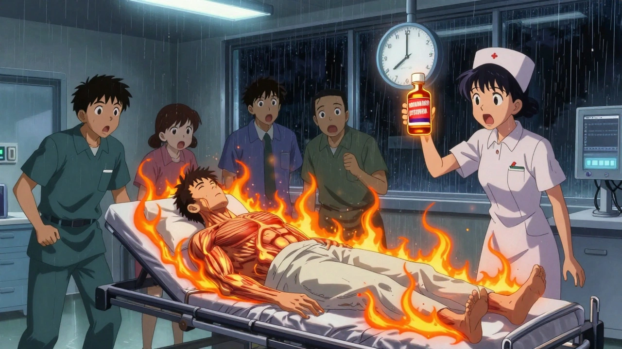 Patient in ER with fever aura, medical staff rushing, cough bottle visible, clock ticking.