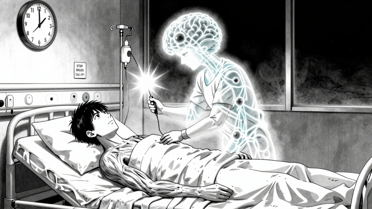 Patient in ICU with muscle spasms, cooling blankets, and glowing serotonin overload in brain