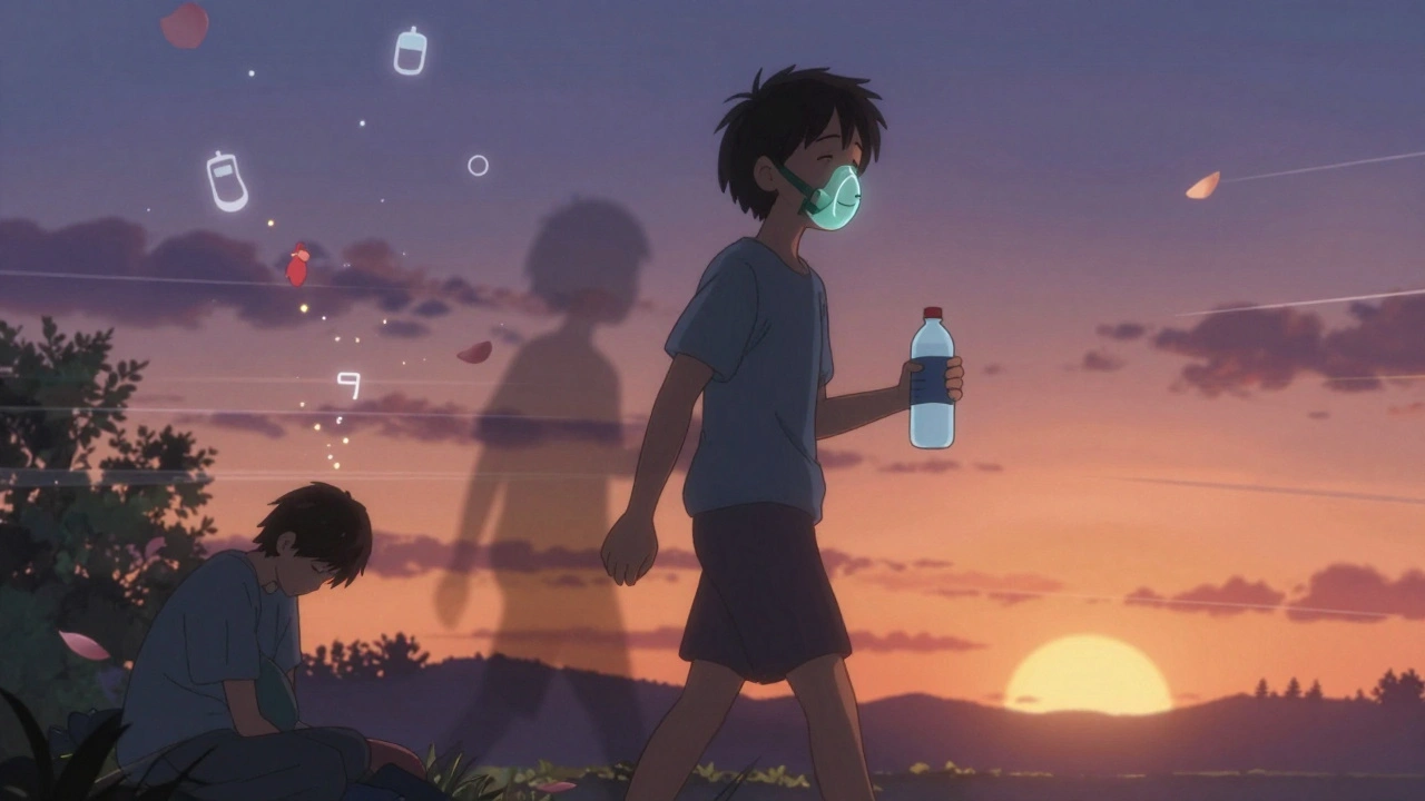 Person walking at dawn with glowing CPAP mask, leaving behind shadow of past illnesses.