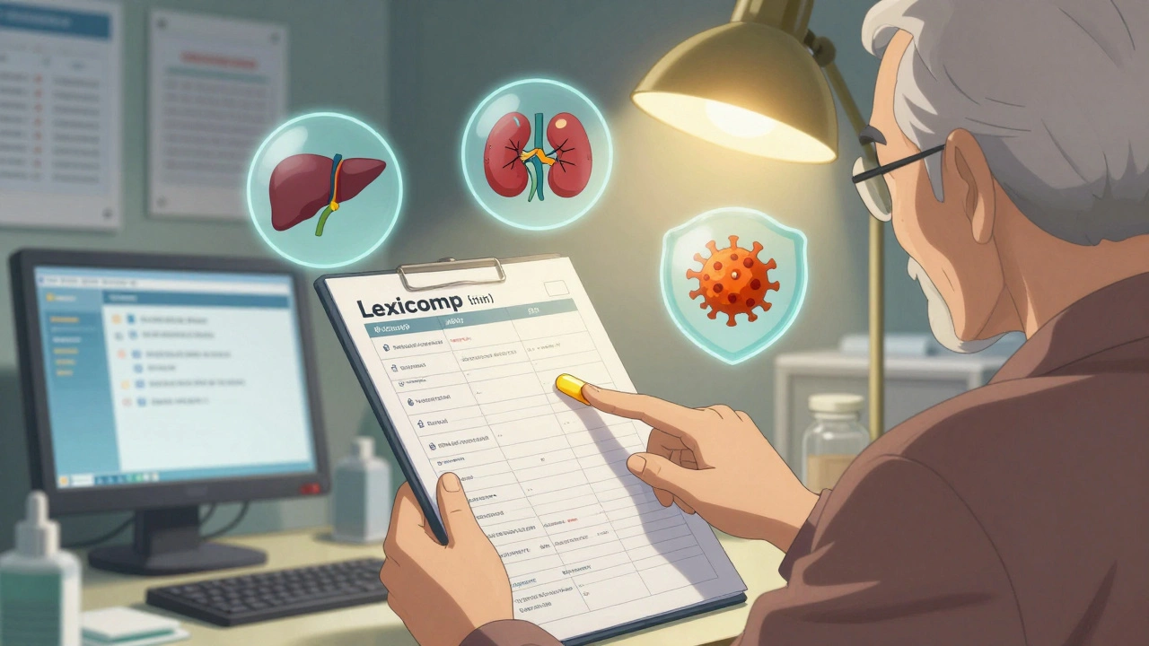 Pharmacist and elderly patient reviewing medication list under a warm lamp.