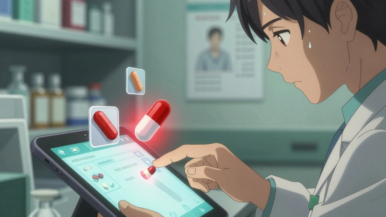 Pharmacist entering medications into a tablet, with warning icons pulsing between pills.