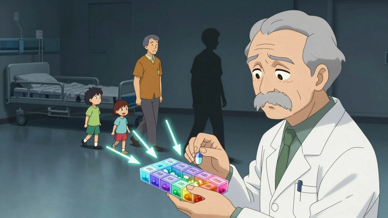 Pharmacist giving a pill organizer to a senior, with healthy future self walking beside grandchildren.