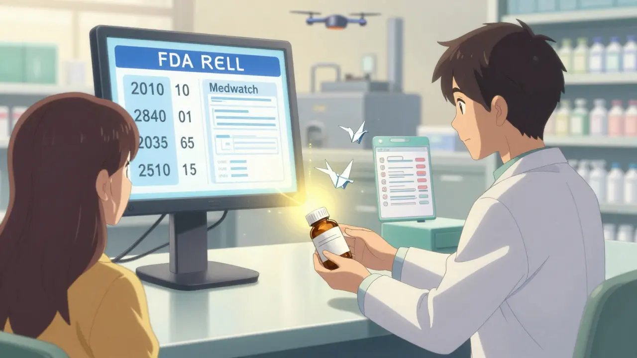 Pharmacist giving a replacement prescription as recall alerts float like paper cranes behind them.